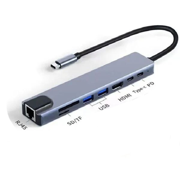 هاب 8 پورت 8in1 type-c به HDMI + 2*USB3.0 + 2*Type-c